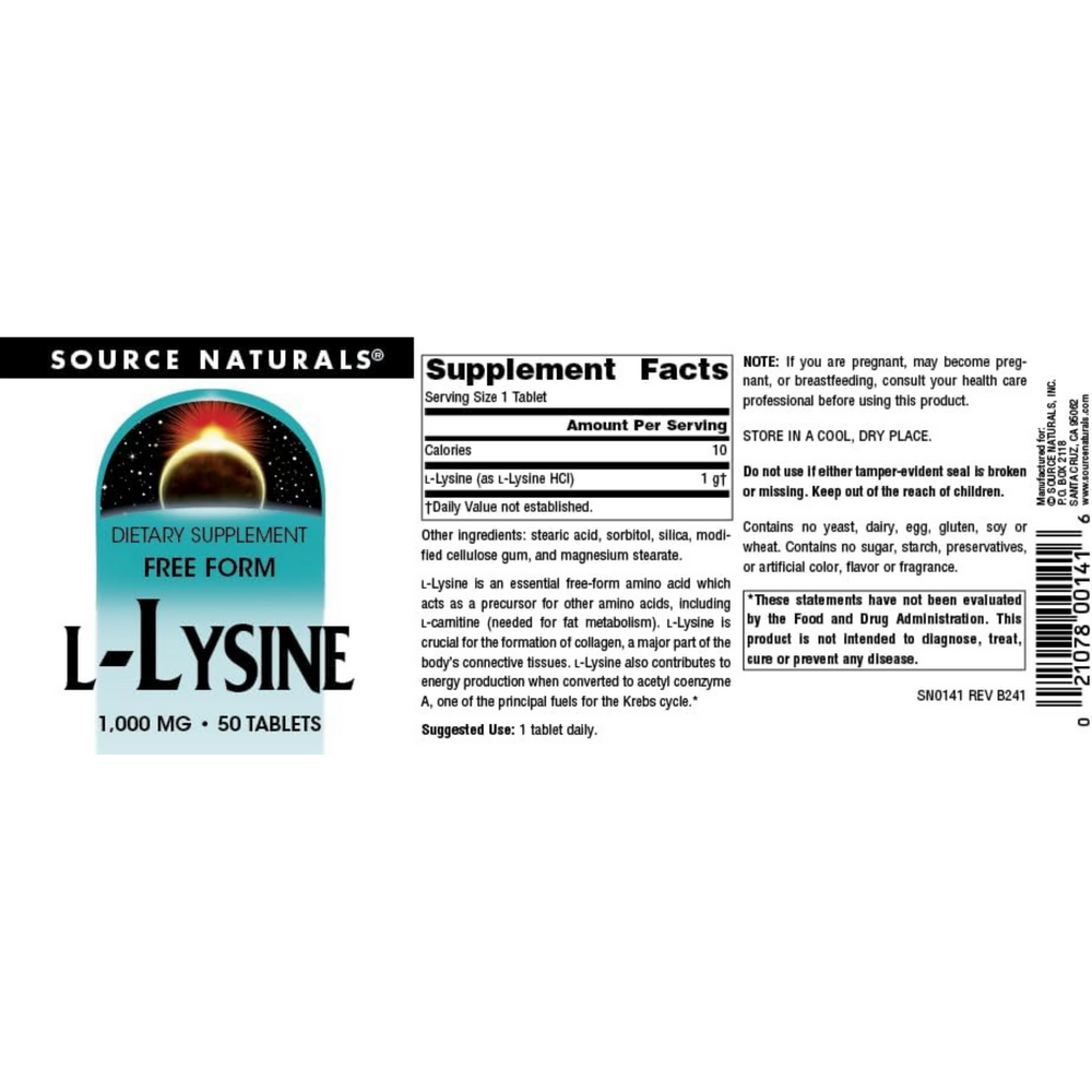 Source Naturals, L-Lysine, 1000 Mg, 50 Tablets