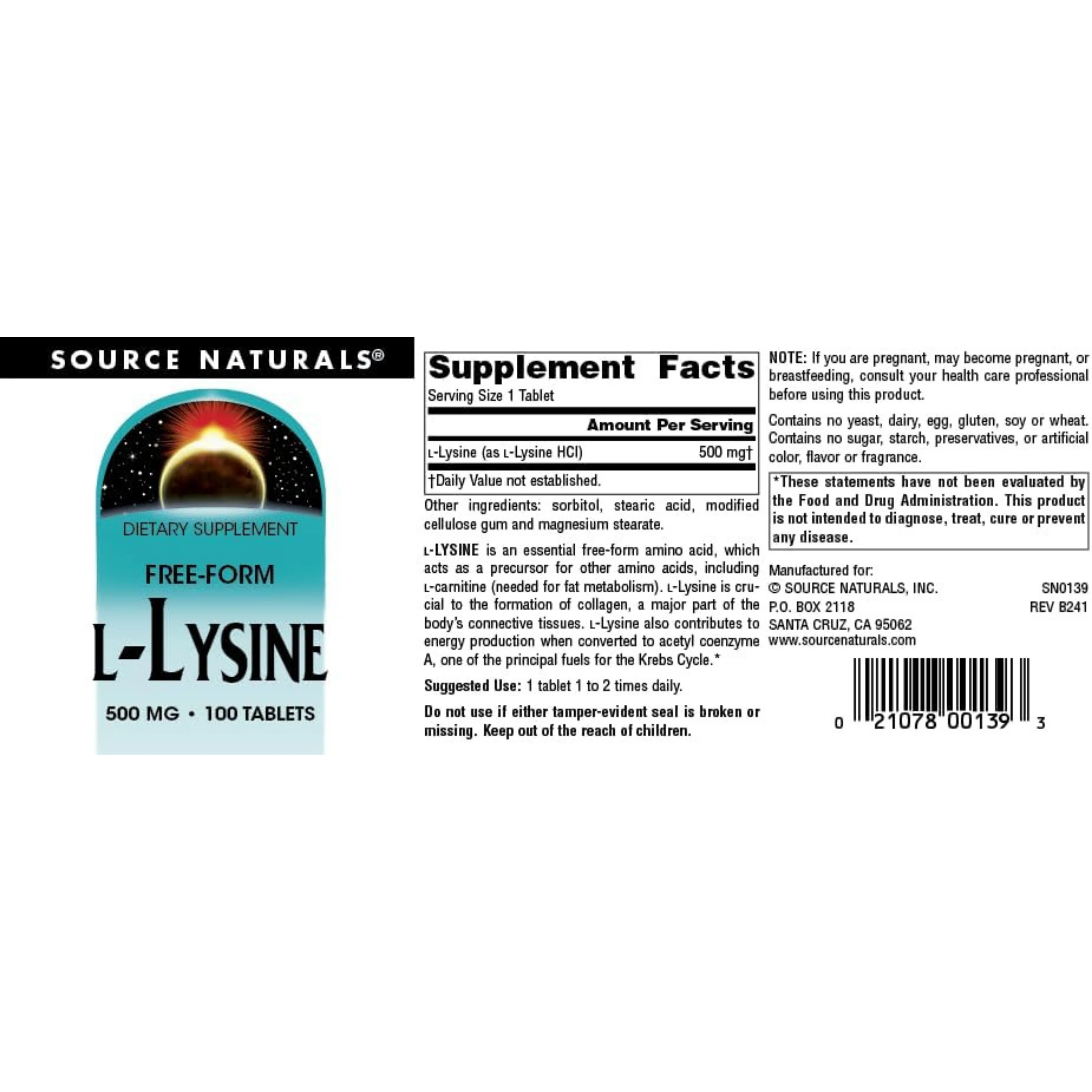 Source Naturals, L-Lysine, 500 Mg, 100 Tablets