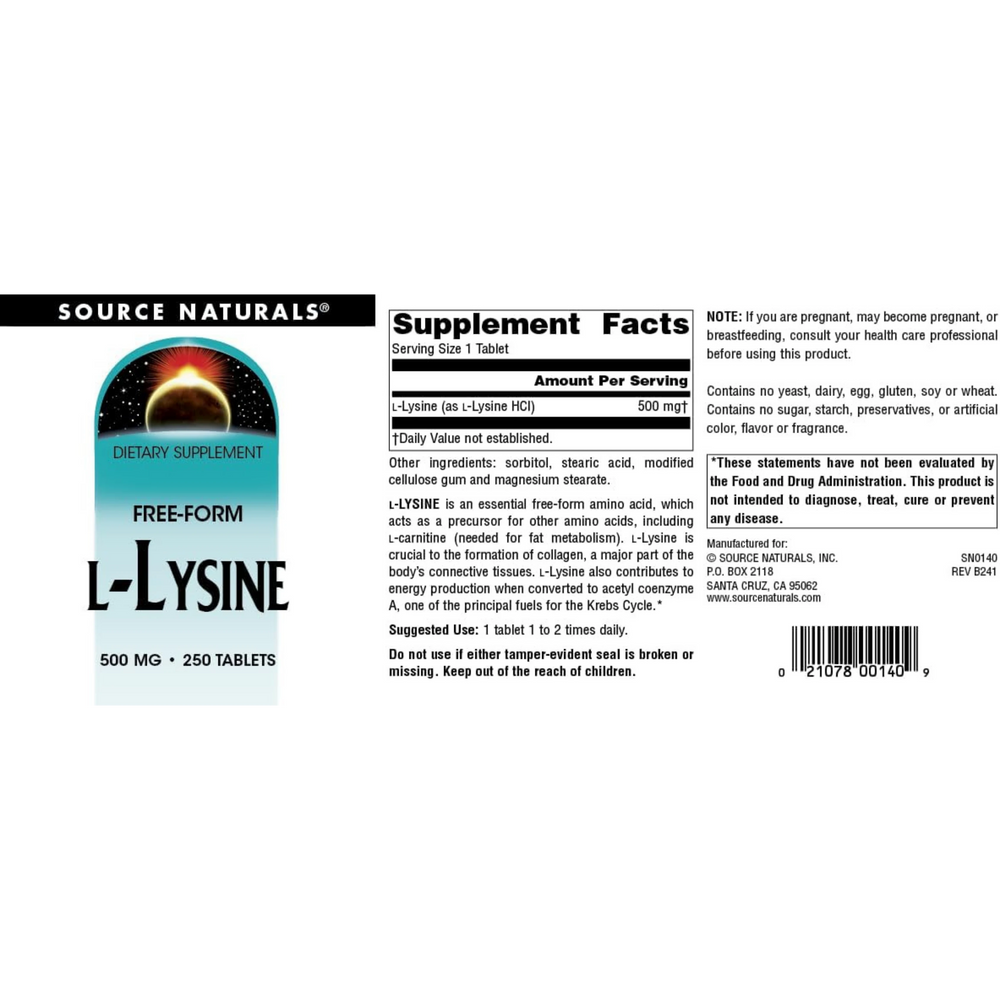 Source Naturals, L-Lysine, 500 Mg, 250 Tablets