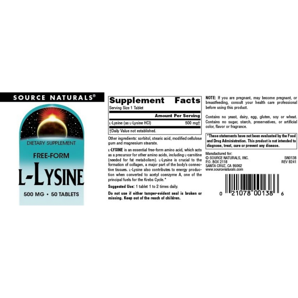 Source Naturals, L-Lysine, 500 Mg, 50 Tablets