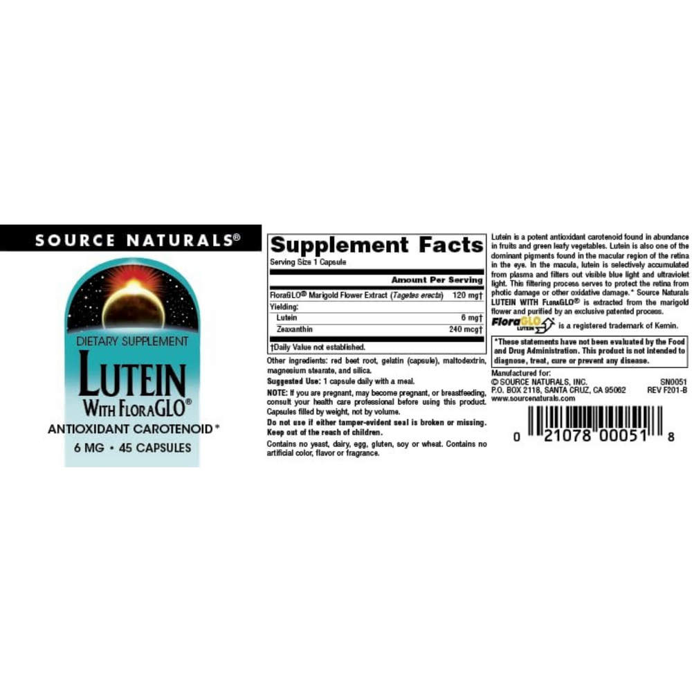 Source Naturals Lutein with FloraGLO, Antioxidant Carotenoid, 6 Mg, 45 Capsules