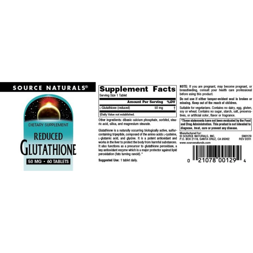 Source Naturals, Reduced Glutathione, 50 Mg, 60 Tablets
