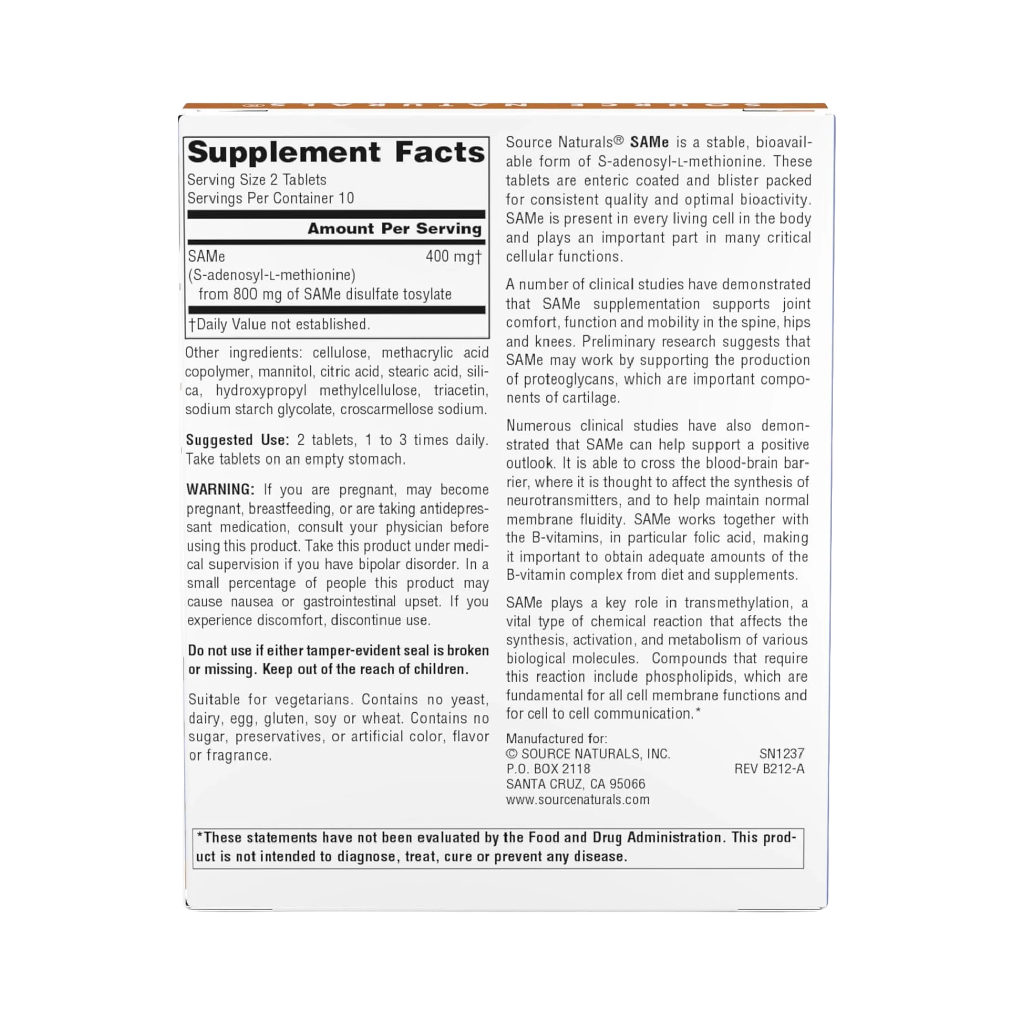 Source Naturals, SAMe, 200 Mg, 20 Tablets