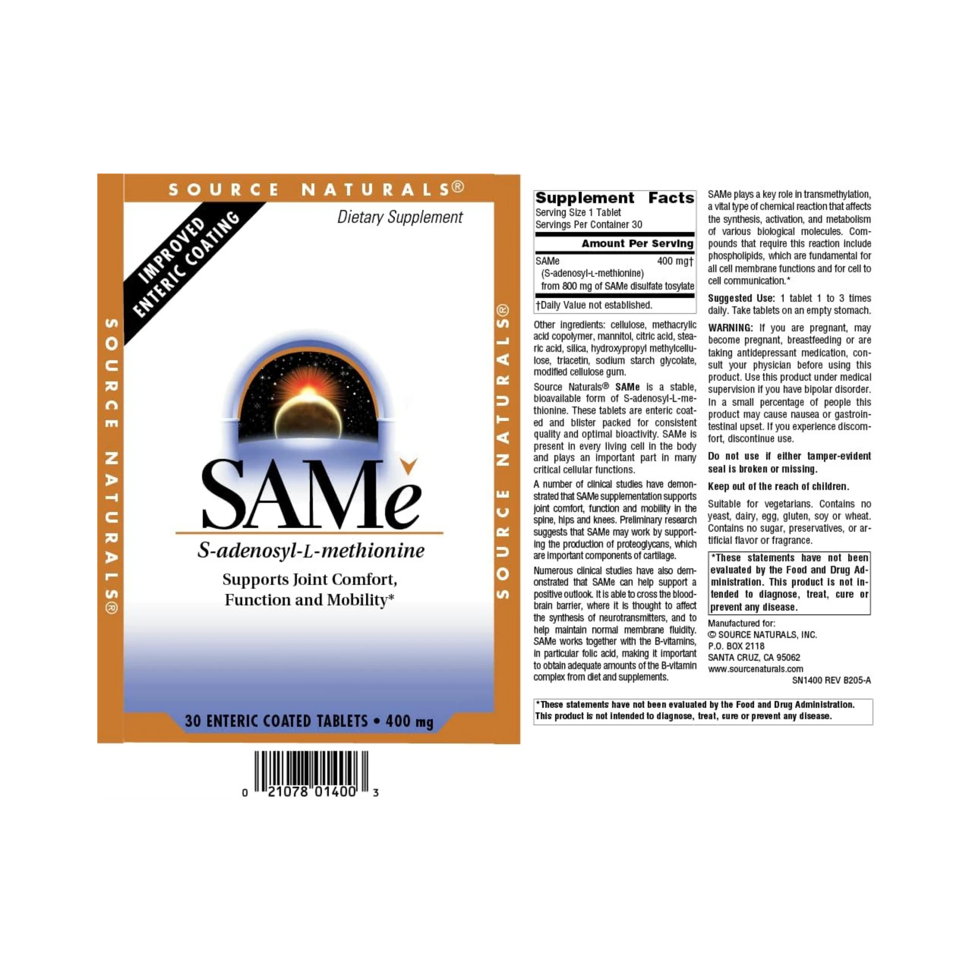 Source Naturals, SAMe, 400 Mg, 30 Tablets