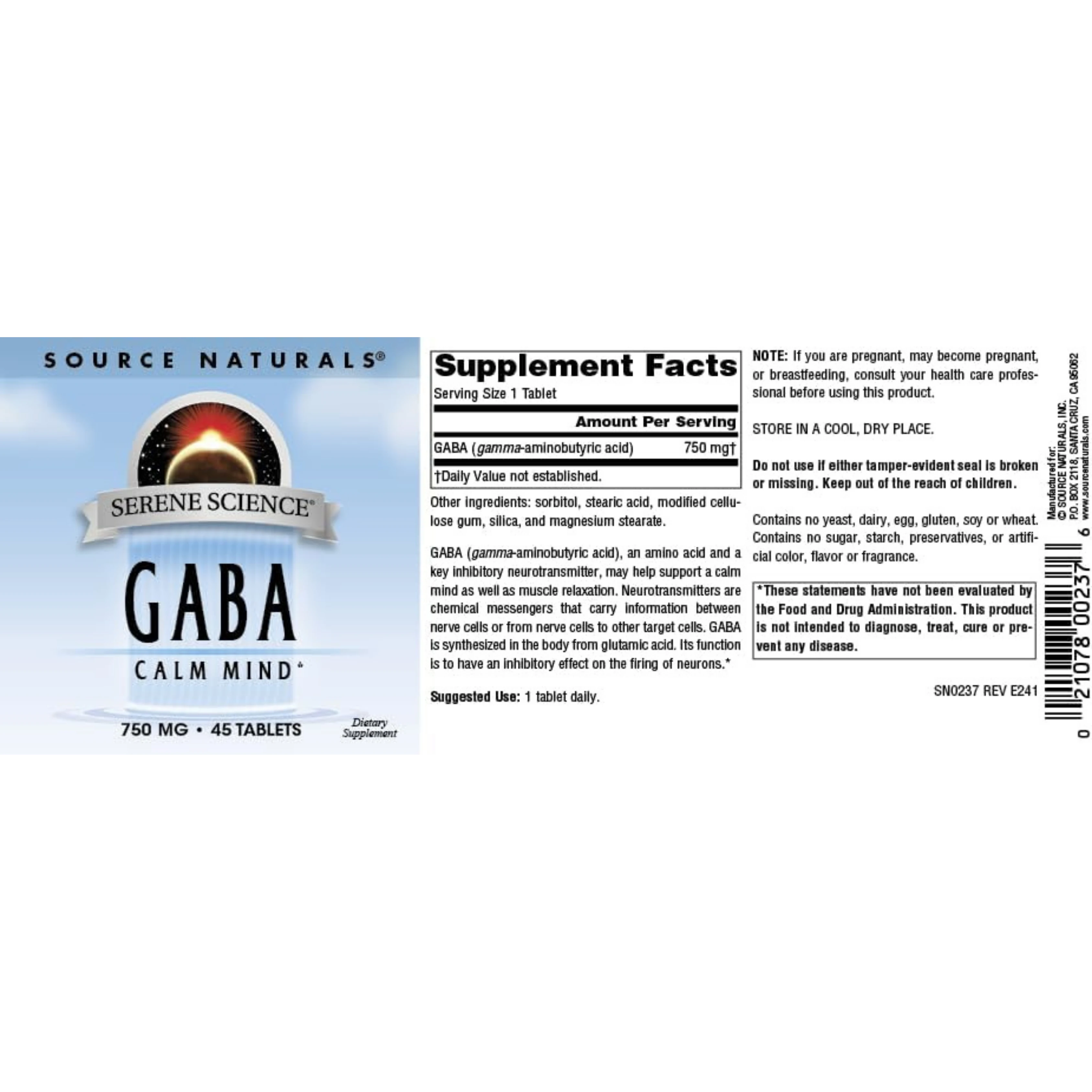 Source Naturals, Serene Science GABA 750 Mg, 45 Tablets