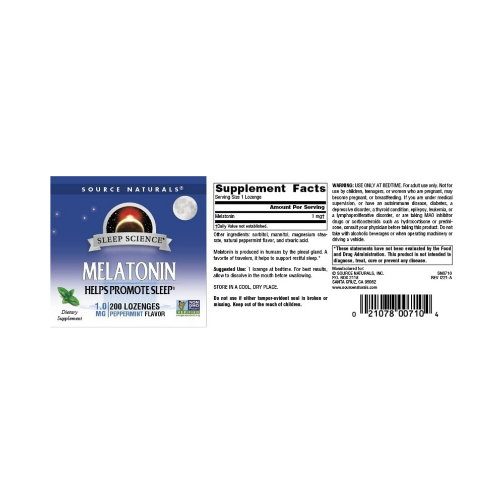 Source Naturals, Sleep Science Melatonin, 1 Mg Peppermint, 200 Lozenge