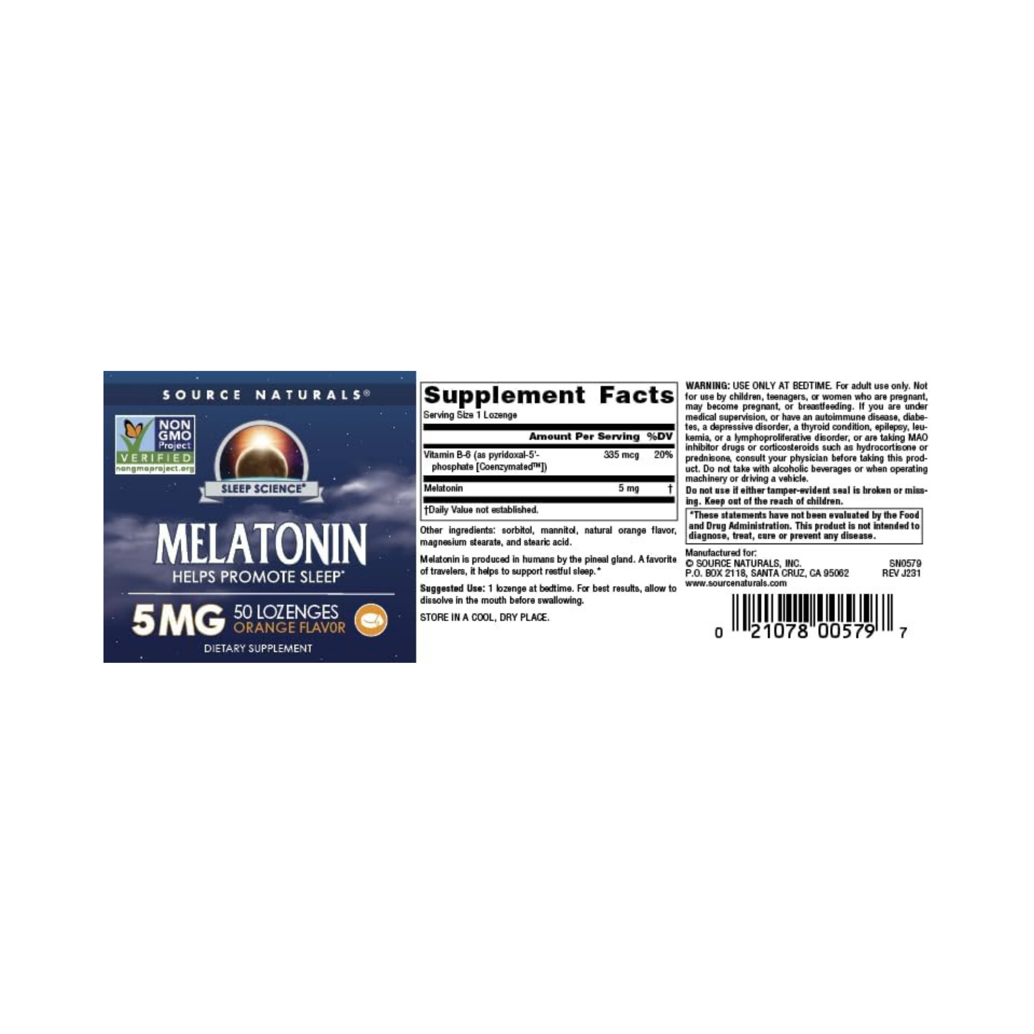 Source Naturals, Sleep Science Melatonin, 5 Mg, 50 Orange Lozenge