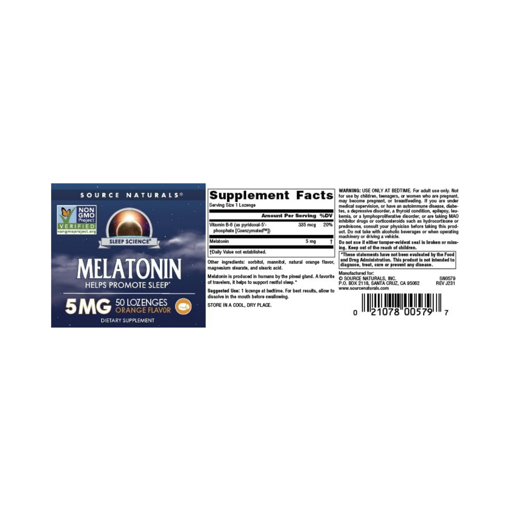 Source Naturals, Sleep Science Melatonin, 5 Mg, 50 Orange Lozenge