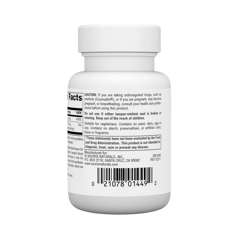 Source Naturals, Vitamin K, 500 Mcg, 100 Tablets
