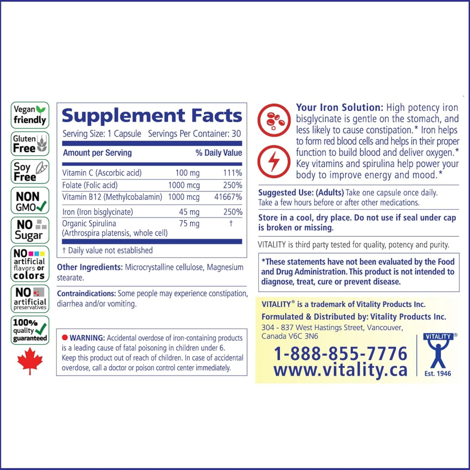 VITALITY, Power Iron + Spirulina, 45mg Iron, 120 Capsules