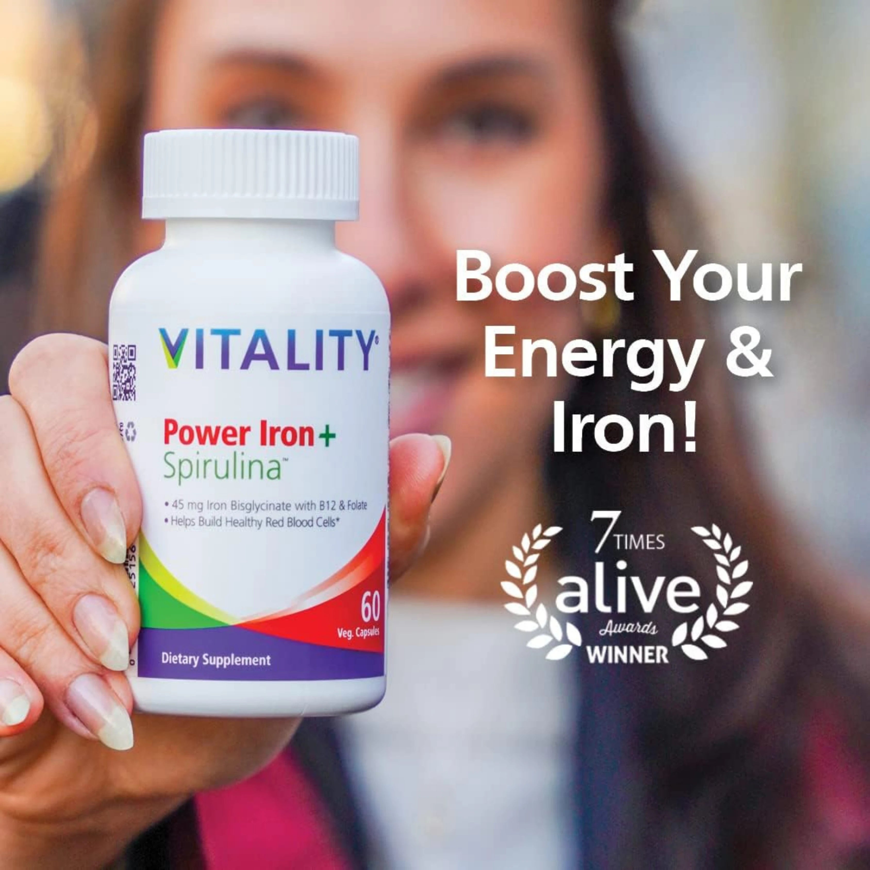 VITALITY, Power Iron + Spirulina, 45mg Iron, 120 Capsules