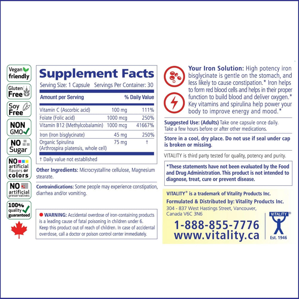 VITALITY, Power Iron + Spirulina, 45mg Iron, 60 Capsules