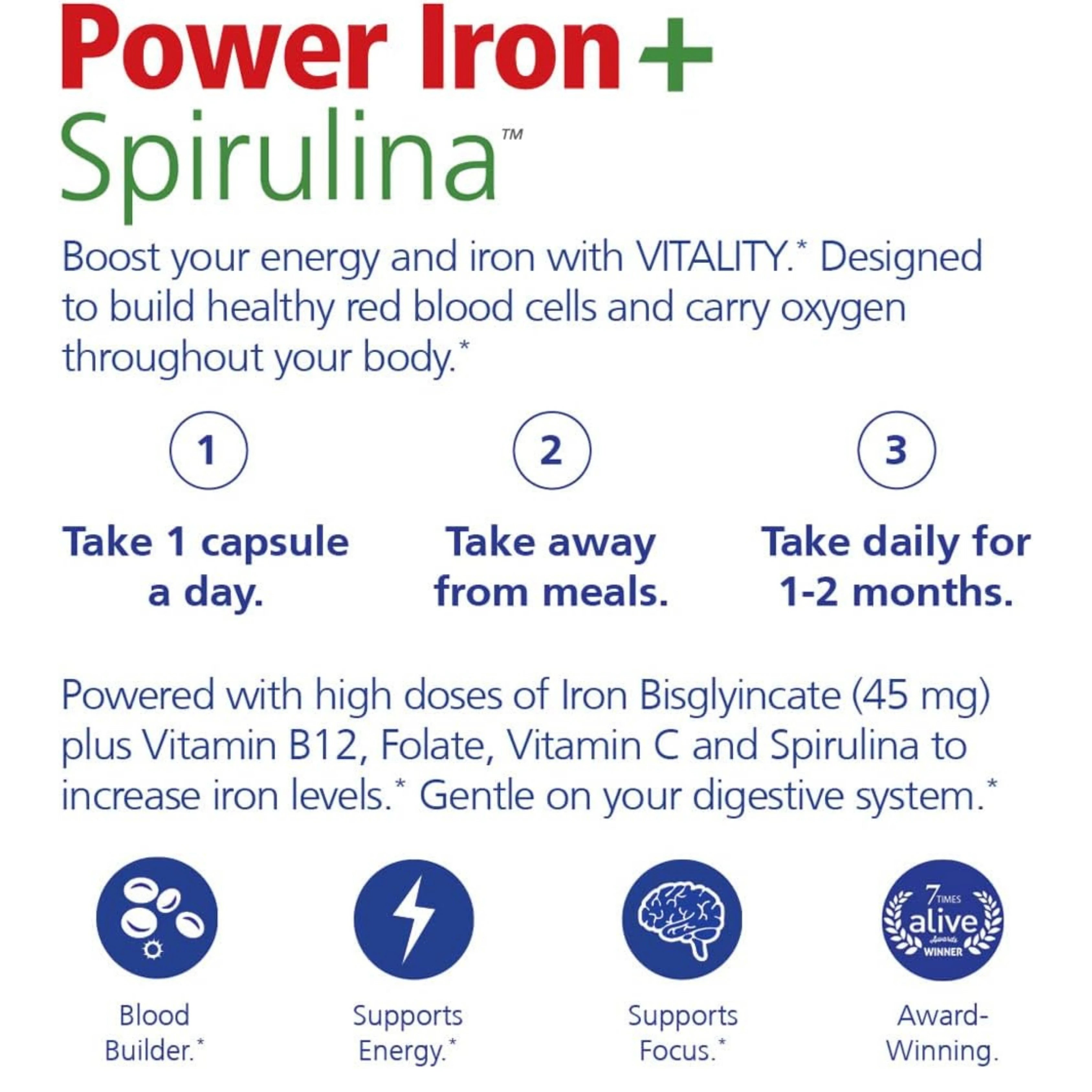 VITALITY, Power Iron + Spirulina, 45mg Iron, 60 Capsules