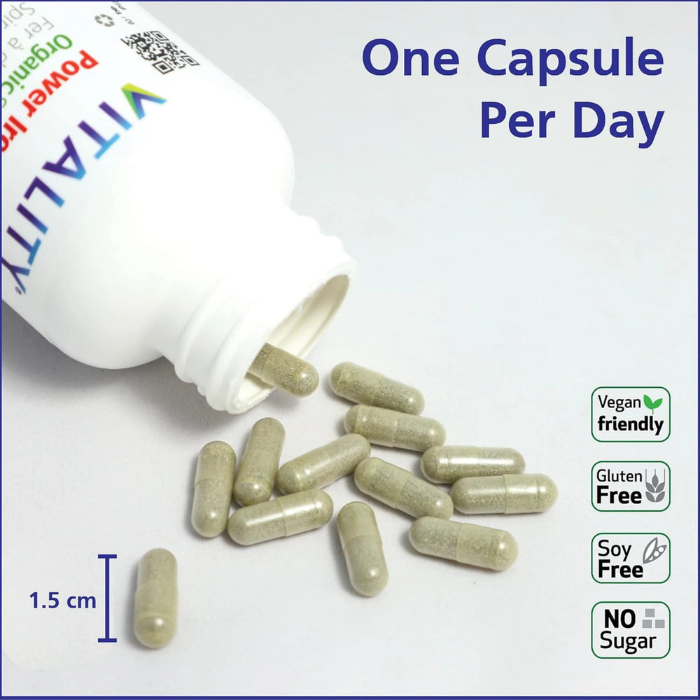 VITALITY, Power Iron + Spirulina, 45mg Iron, 60 Capsules