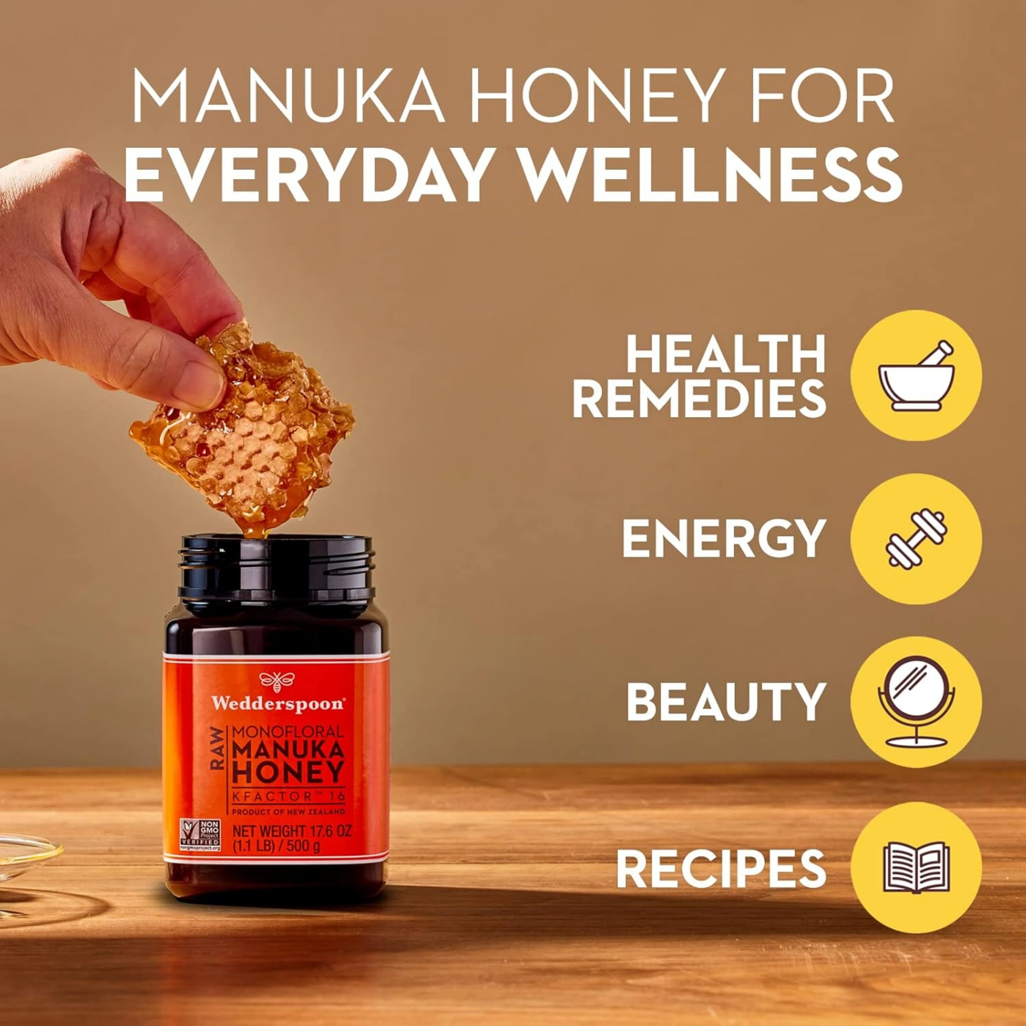 Wedderspoon, Raw Monofloral Manuka Honey, KFactor 16, 1.1 lb, 500 g