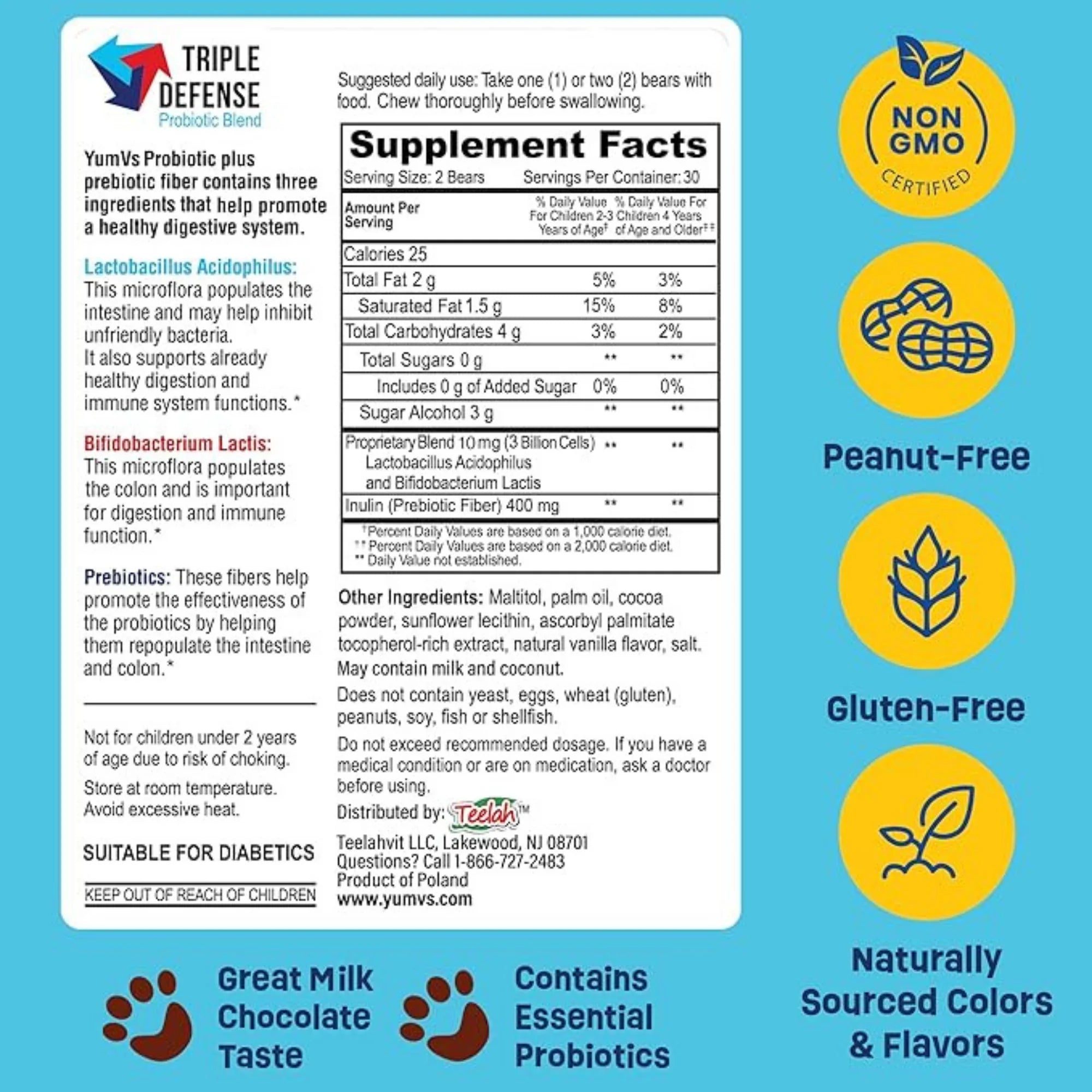YumVs, Probiotic with Prebiotic Fiber, Milk Chocolate Flavor, Sugar Free, 60 Bears