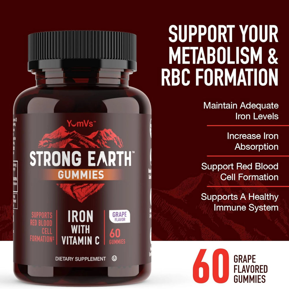 YumVs, Strong Earth Gummies, Iron with Vitamin C, Grape, 60 Gummies