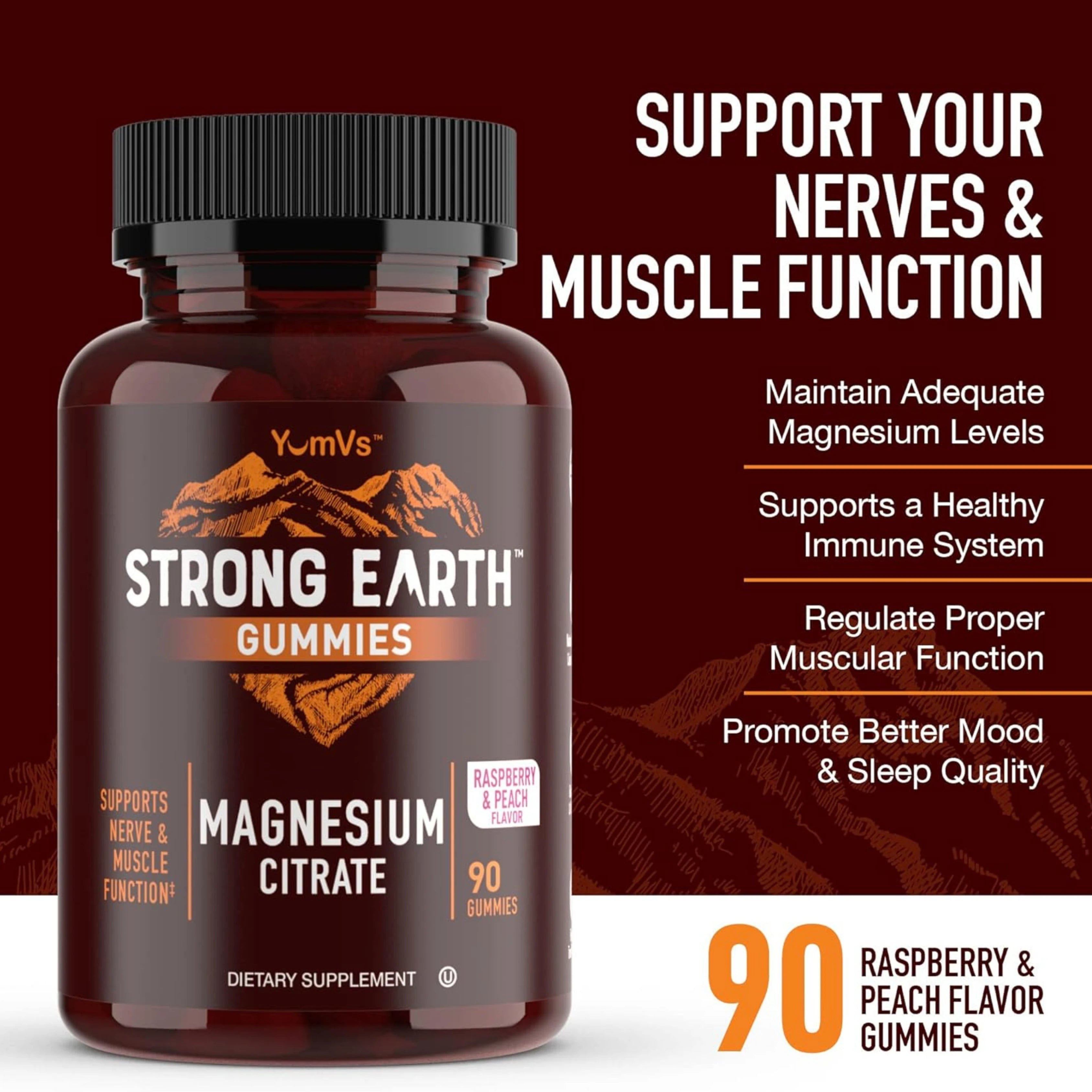 YumVs, Strong Earth Gummies, Magnesium Citrate, Raspberry & Peach, 90 Gummies