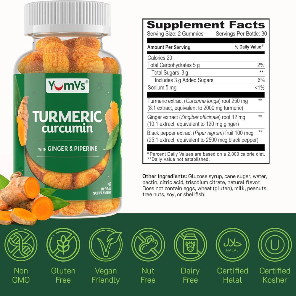 YumVs, Turmeric Curcumin With Ginger & Piperine, Peach Flavor, 60 Gummies