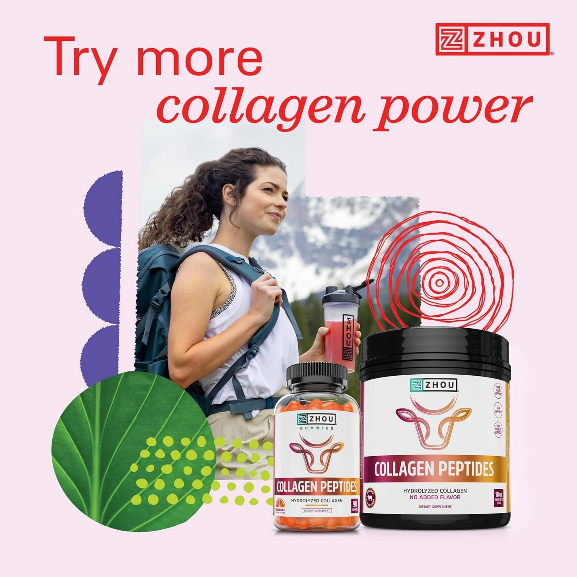 Zhou, Collagen Peptides, Pure Hydrolized Collagen Powder,  18 Oz Ounce