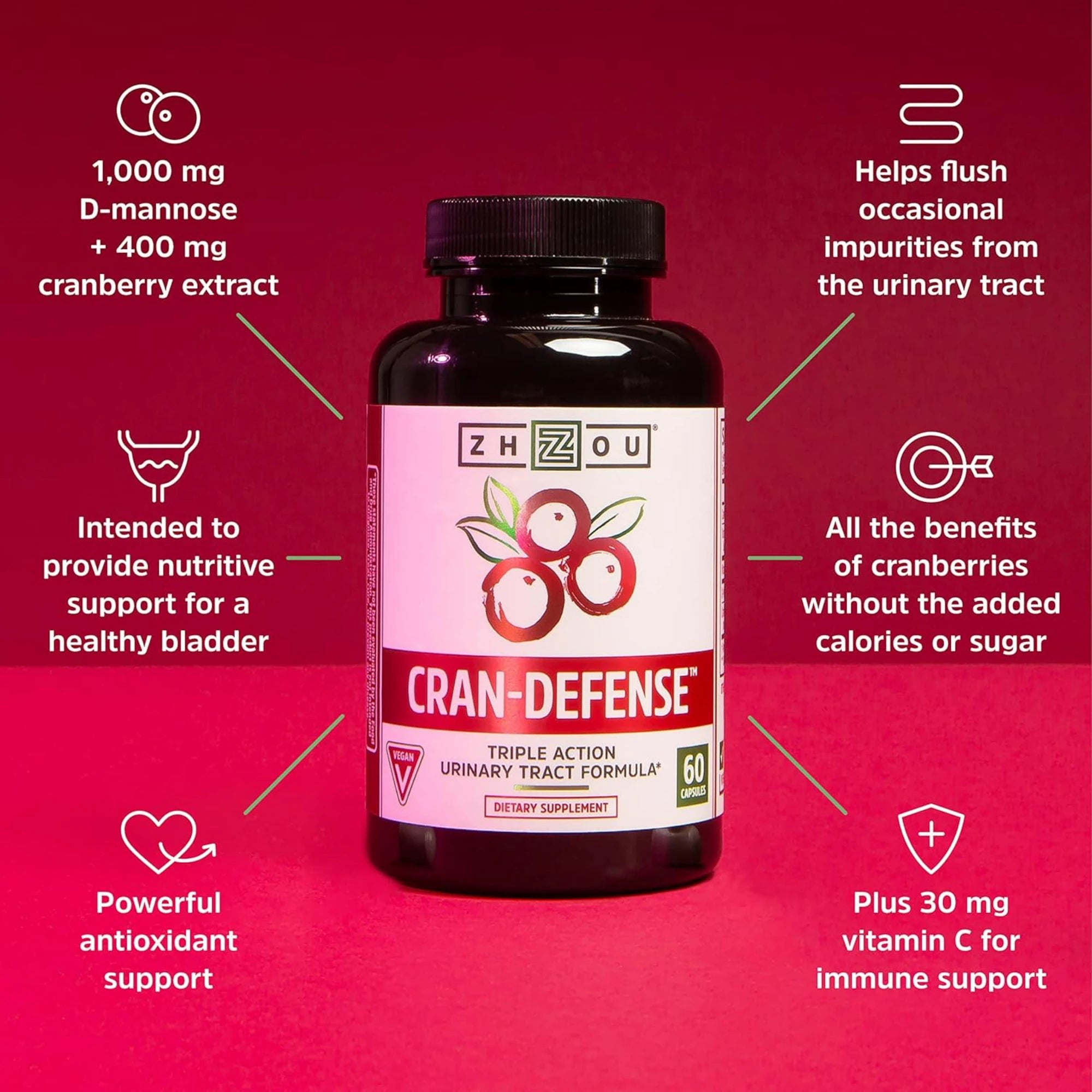 Zhou, Cran-Defense, Urinary Tract Formula, Extract 1000 mg, 60 Veggie Capsules