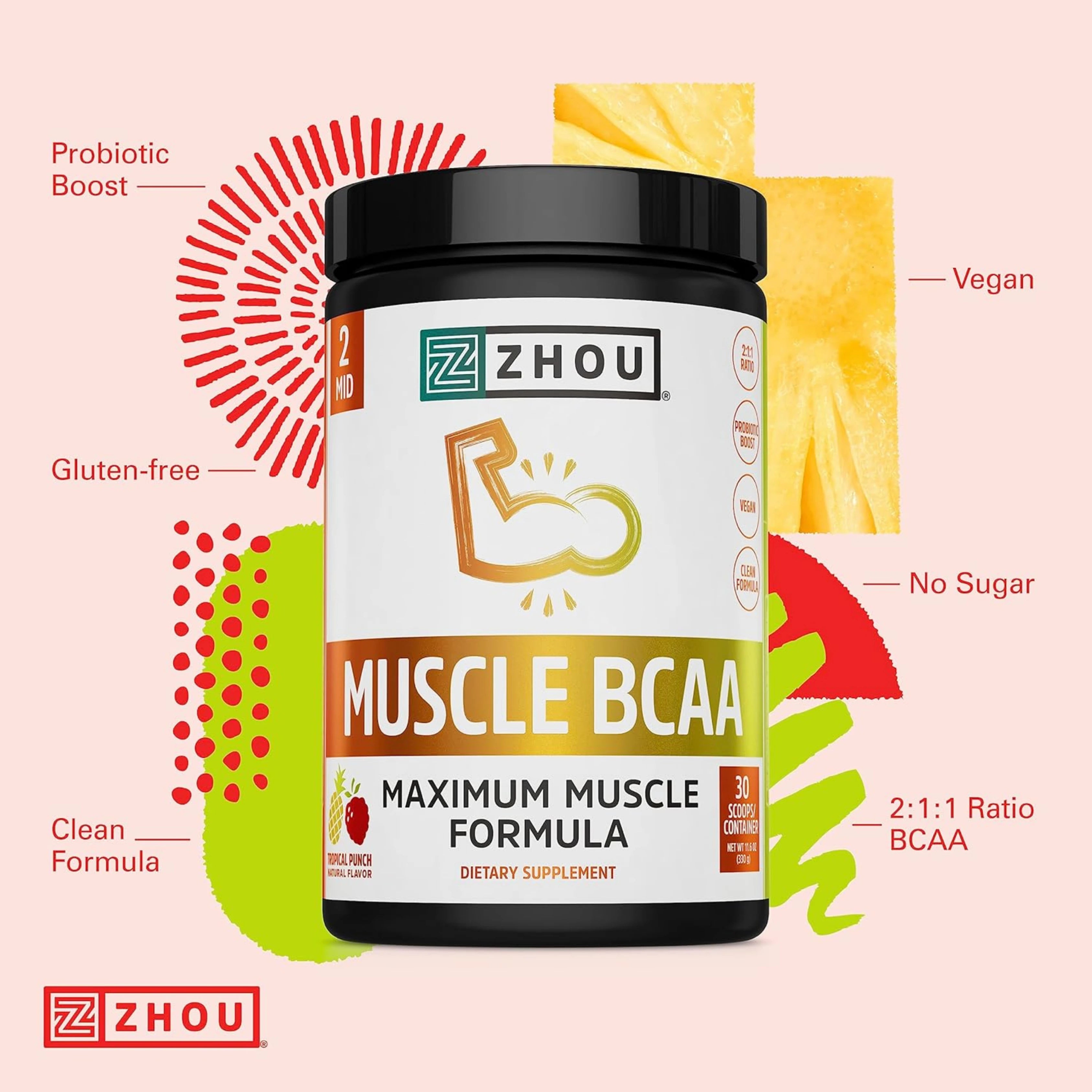 Zhou, Muscle BCAA, Maximum Muscle Formula, 30 Scoops, 11.6 Oz Ounce