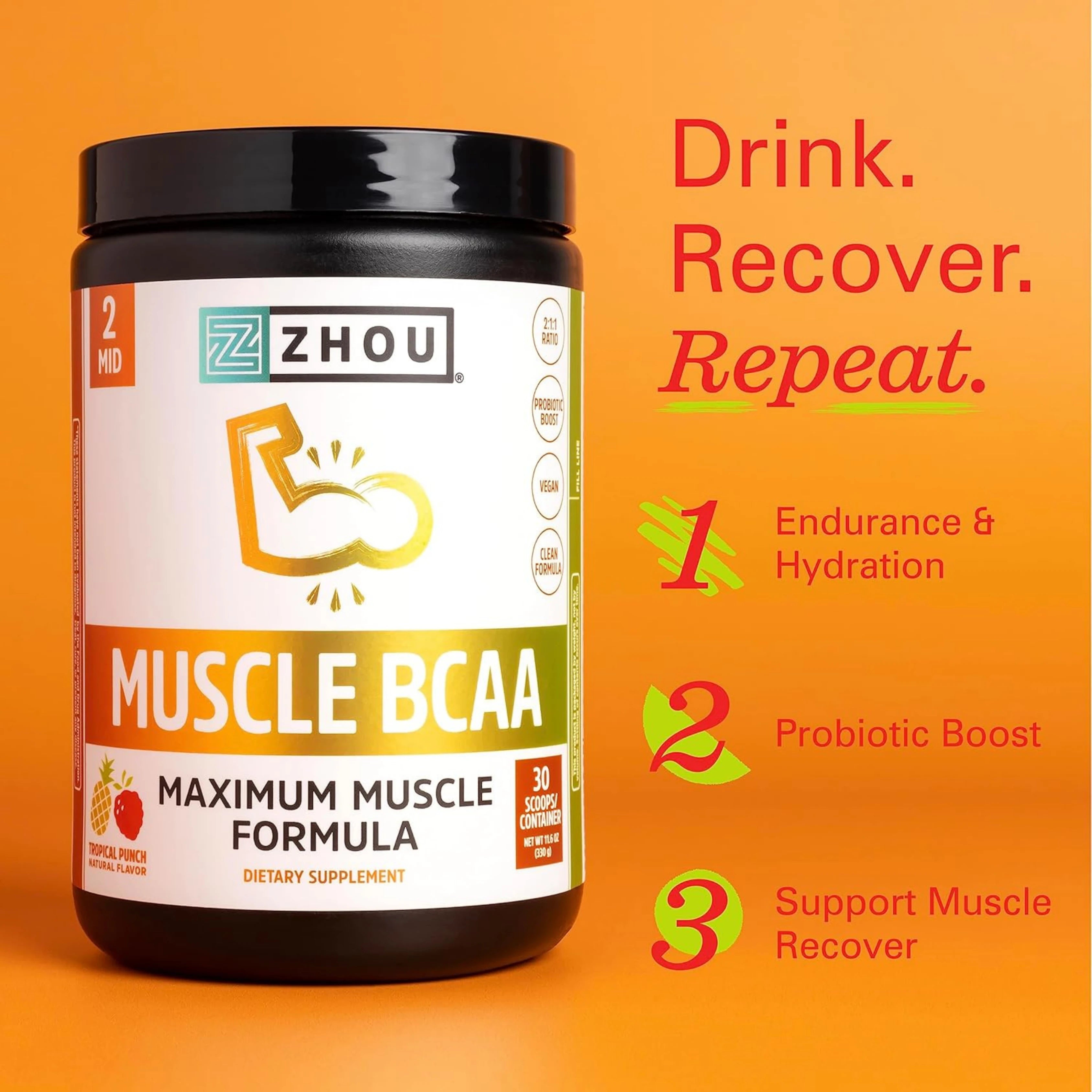 Zhou, Muscle BCAA, Maximum Muscle Formula, 30 Scoops, 11.6 Oz Ounce