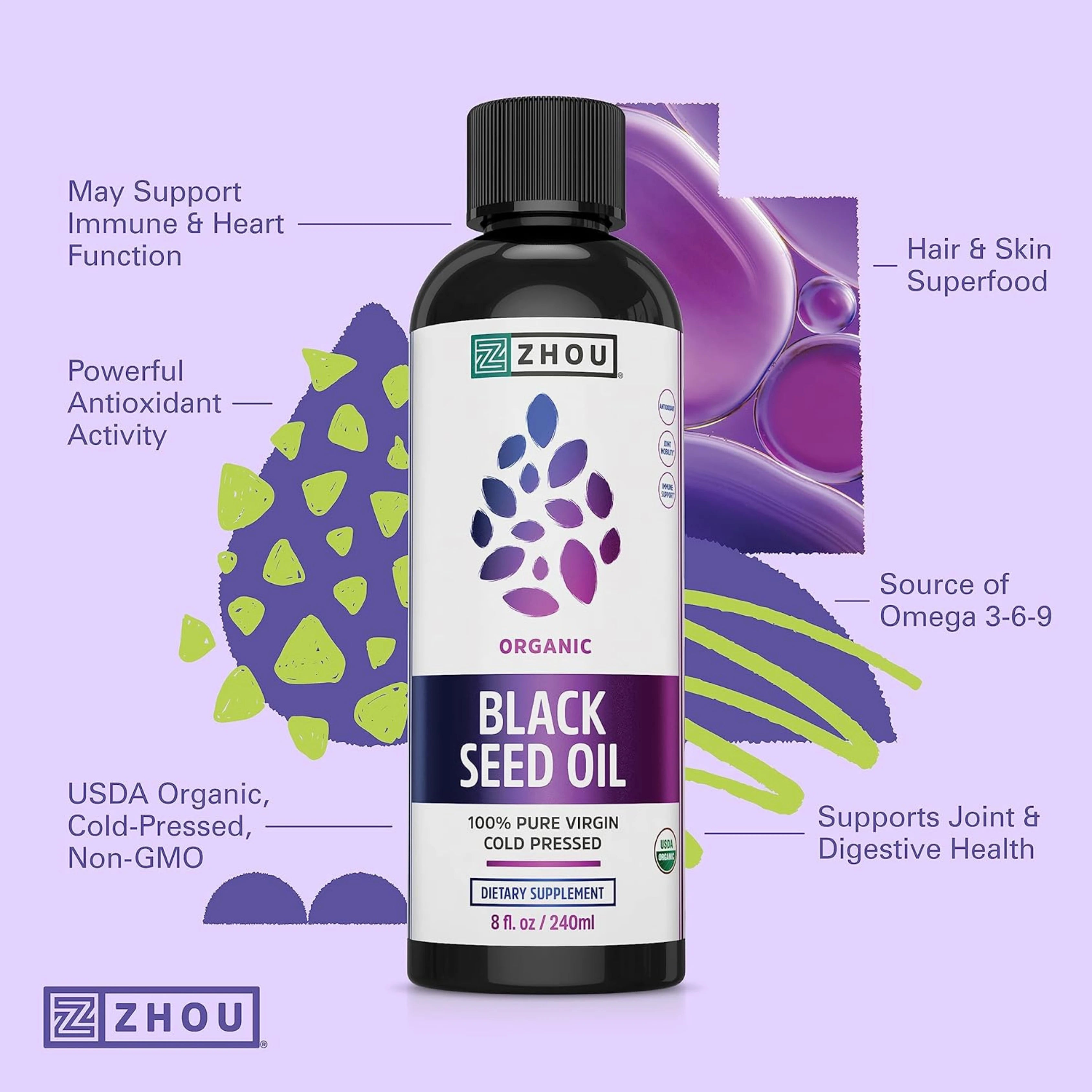 Zhou, Organic Black Seed Oil, Cold Pressed, 8 fl Oz, 240 ml